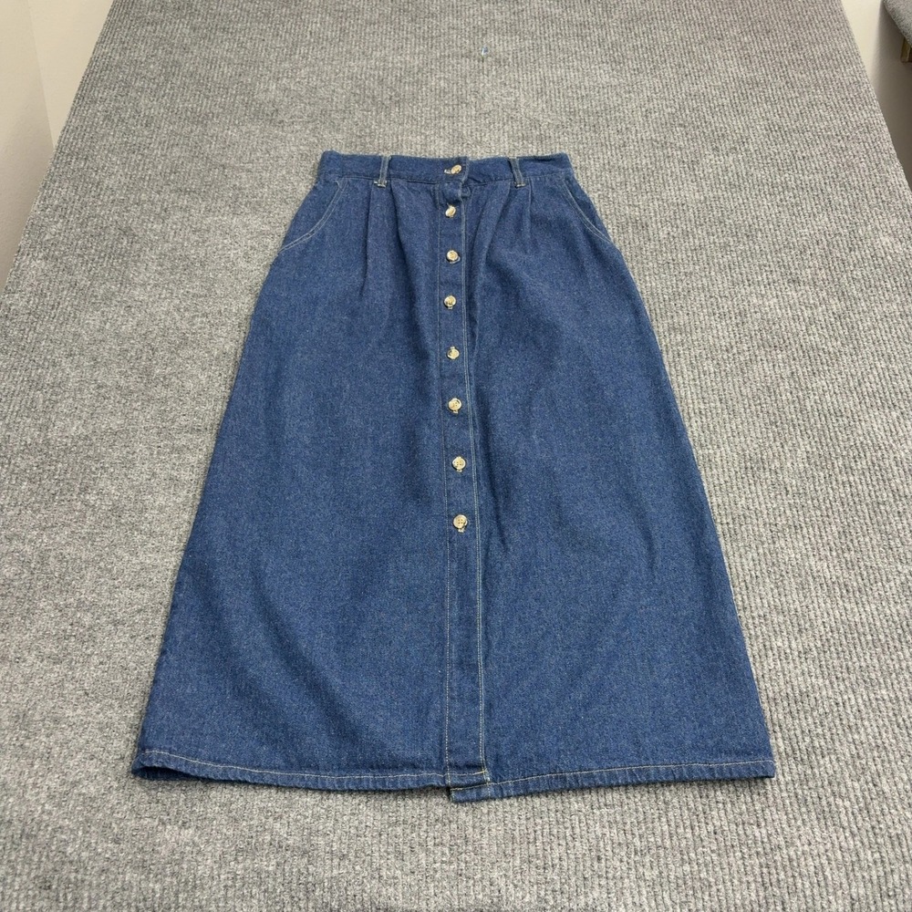 Vintage Lands End Skirt Womens 10 Blue Cotton Denim Button Down Midi Classic 90s